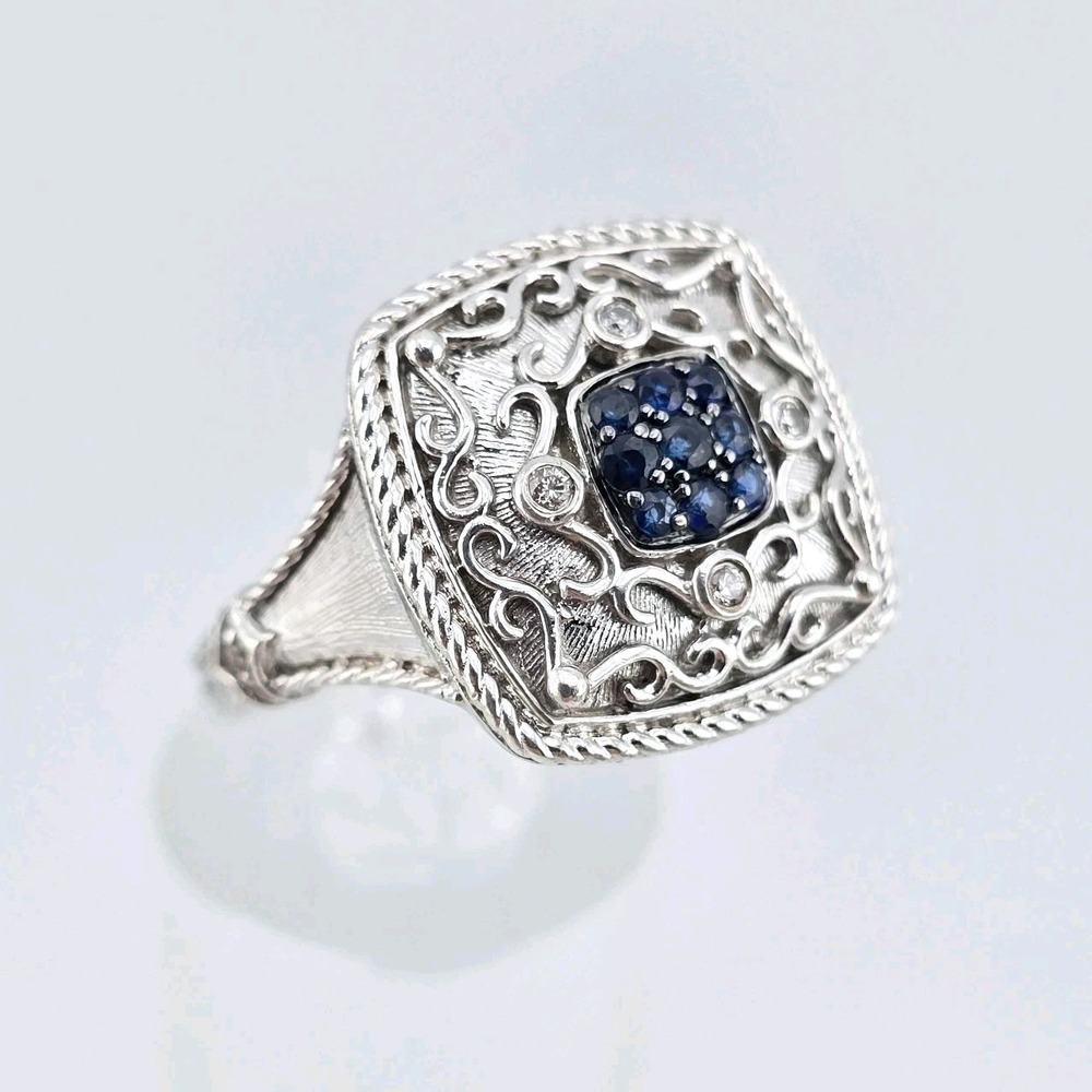 925 Sterling Silver Blue Sapphire Diamond Cluster Ring Signed Gabriel & Co Sz 8